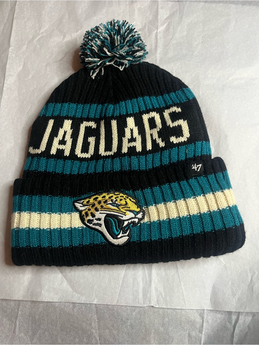 47 Jacksonville Jaguars Kids Knit Pom Beanie in Teal/Black/Cream